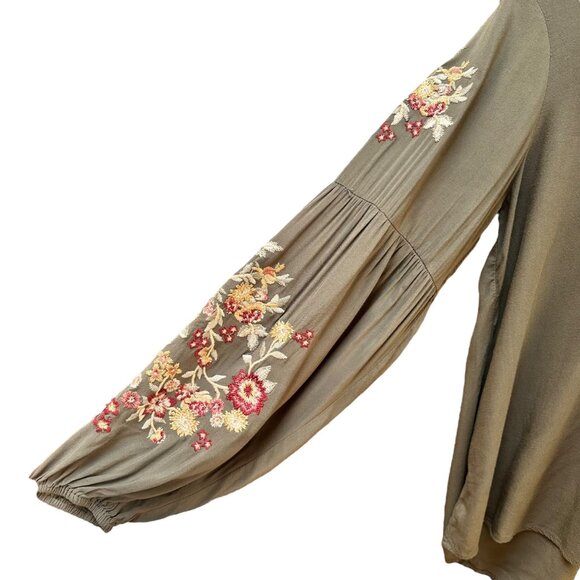 Andrée By Unit Olive Green Embroidered Floral‎ Long Sleeve Peasant Blouse L - Picture 2 of 5